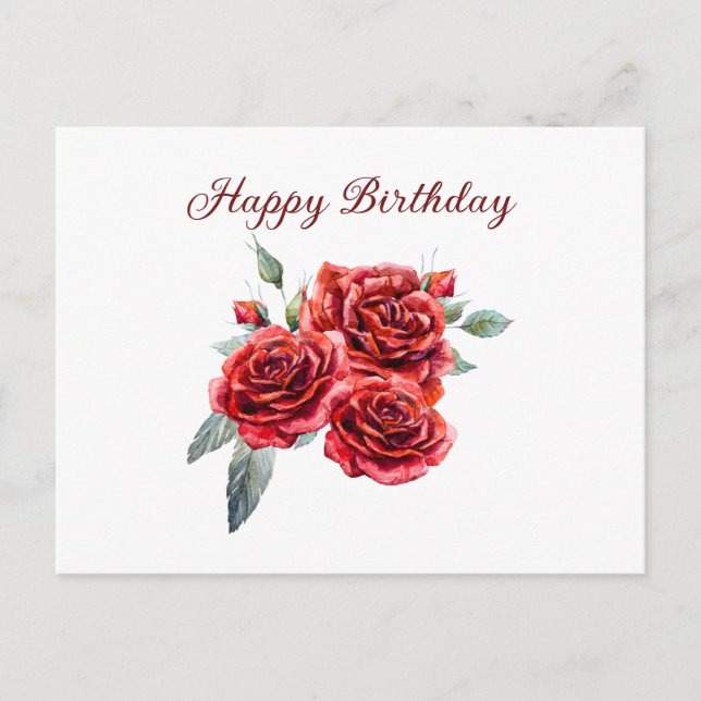 Happy Birthday Watercolor Red Roses  Postkarte (Vorderseite)