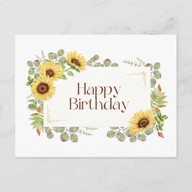 Happy Birthday Watercolor Sonnenblumen Postkarte (Vorderseite)