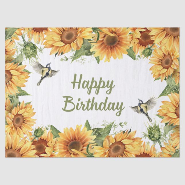 Happy Birthday Watercolor Sonnenblumen & Vögel Seidenpapier (Vorderseite)