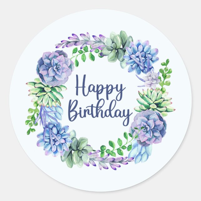 Happy Birthday Watercolor Sukkulente Pflanze, Blät Runder Aufkleber (Vorderseite)