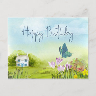 Happy Birthday Watercolor Summer Hütte Postkarte