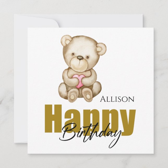 Happy Birthday Watercolor Teddy Bär Karte (Vorderseite)