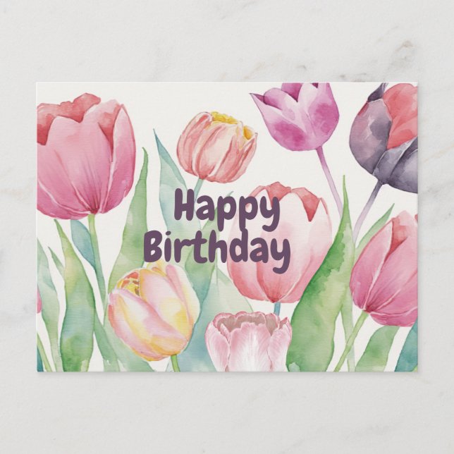 Happy Birthday Watercolor Tulips Abstrakt Postkarte (Vorderseite)