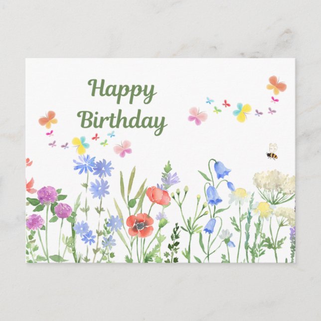 Happy Birthday Watercolor Wildblume Meadow Postkarte (Vorderseite)