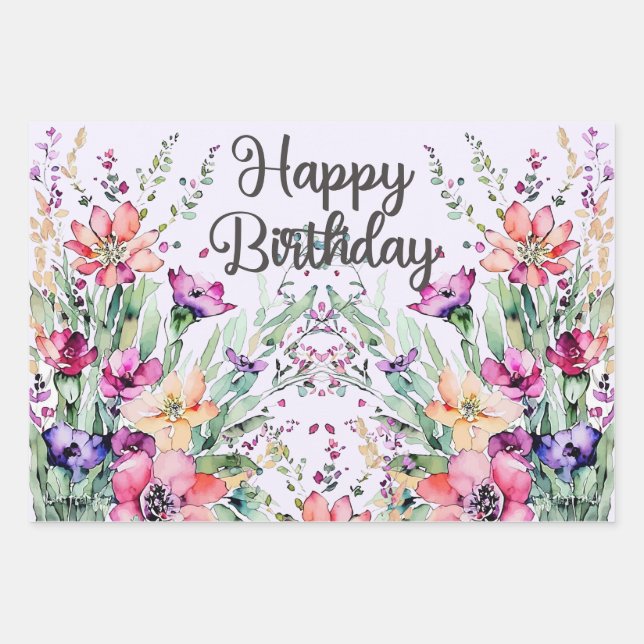 Happy Birthday Watercolor Wildblumen Field Geschenkpapier Set (Vorderseite)