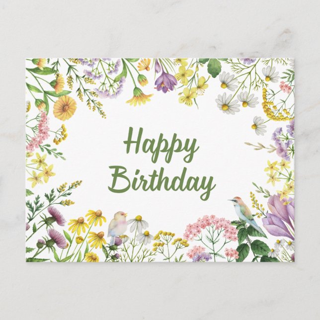 Happy Birthday Watercolor Wildblumen und Vögel Postkarte (Vorderseite)