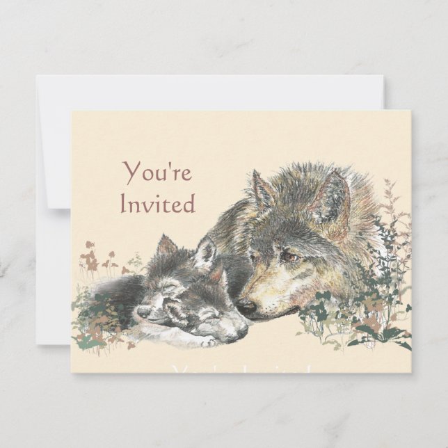 Happy Birthday Watercolor Wolf & Cub Animals Einladung (Vorderseite)