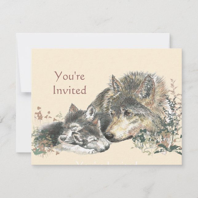 Happy Birthday Watercolor Wolf & Cub Animals Einladung (Vorderseite)