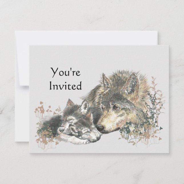 Happy Birthday Watercolor Wolf & Cub Animals Inviv Einladung (Vorderseite)