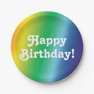 "Happy Birthday" weiß, Stolz lgbtq Regenbogenfarbe Pappteller