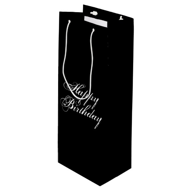 "Happy Birthday", weiße Buchstaben, schwarz Geschenktüte Für Weinflaschen (Vorderseite Schrägansicht)