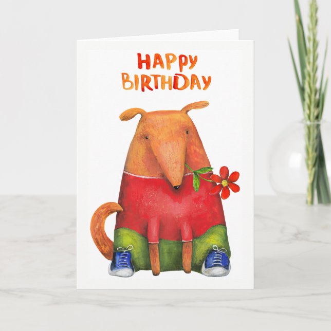 Happy Birthday Welpe mit Blume Leere Inside Karte (Vorderseite)