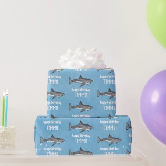 Happy Birthday Whimsical Blue Ocean Haie Spaß Geschenkpapier