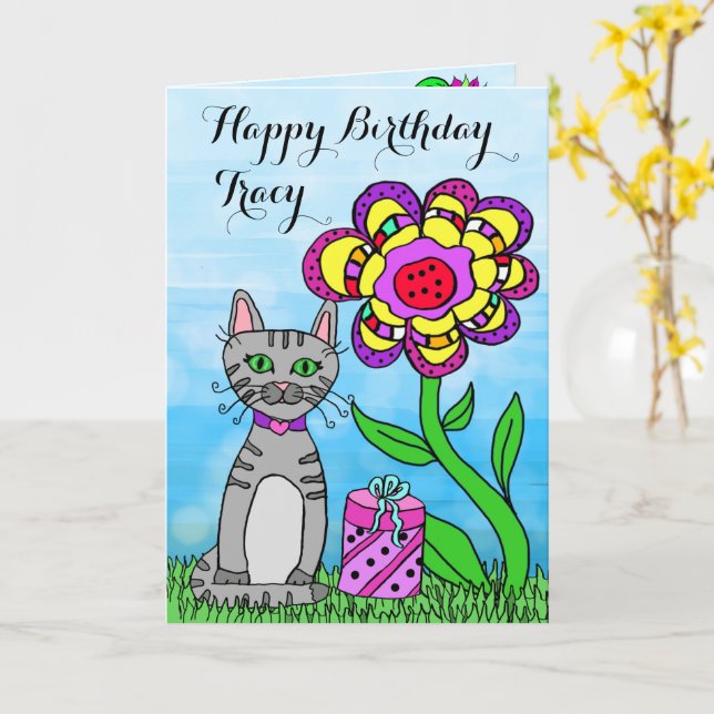 Happy Birthday Whimsical Cat und Blume Karte (Gelbe Blume)