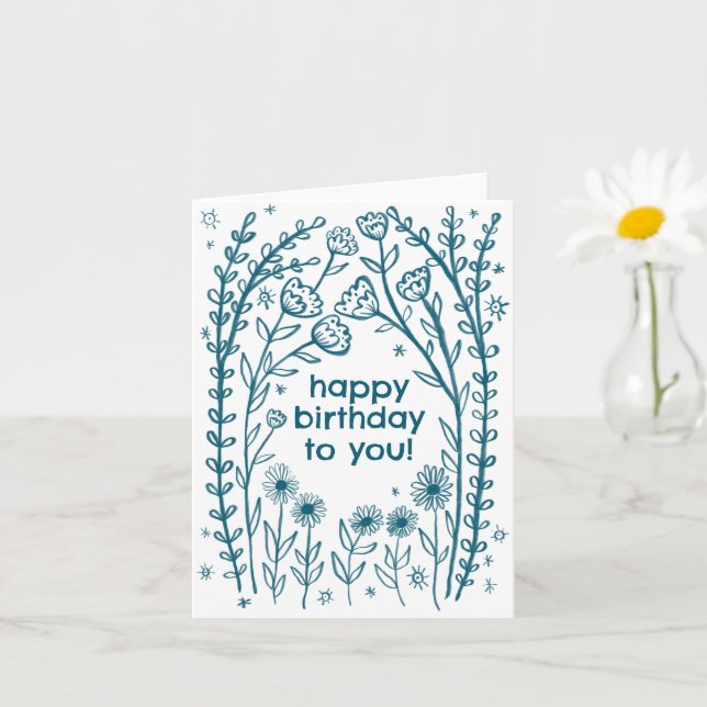 Happy Birthday Whimsical Floral Sketch Doodle Karte (Kleine Pflanze)