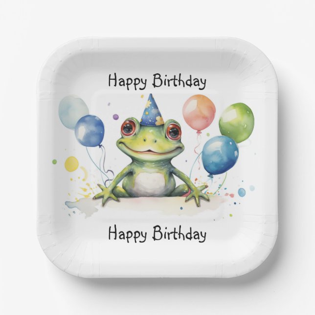 Happy Birthday Whimsical niedlicher Frosch mit Bal Pappteller (Vorderseite)