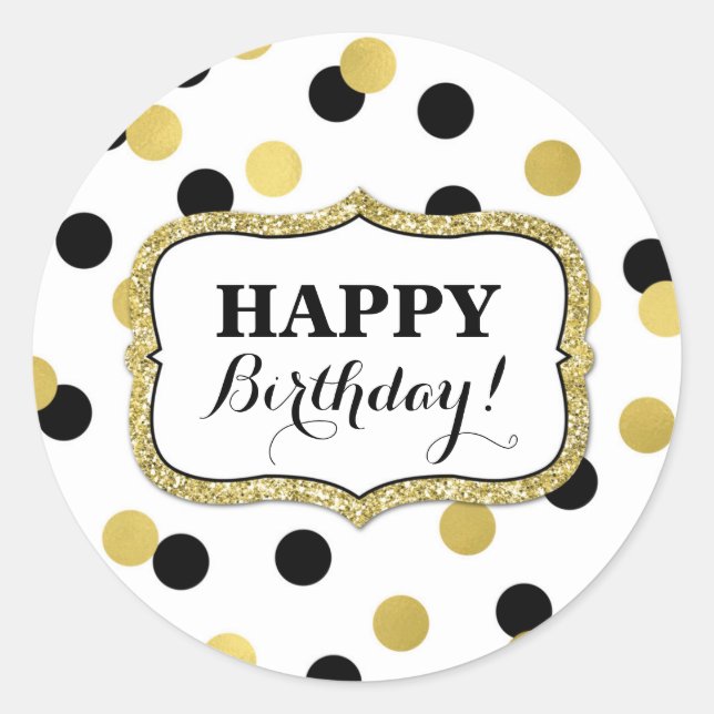 Happy Birthday White Black Gold Confetti Runder Aufkleber (Vorderseite)