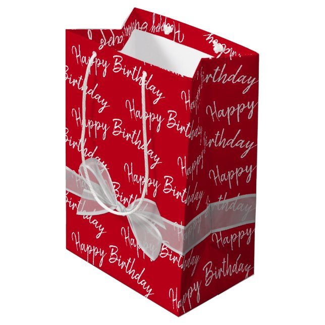 Happy Birthday White Bow on Red Mittlere Geschenktüte (Rückseite Schrägansicht)