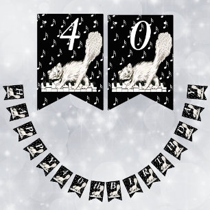 Happy Birthday White Cat on Piano Keys Musiknoten Wimpelkette