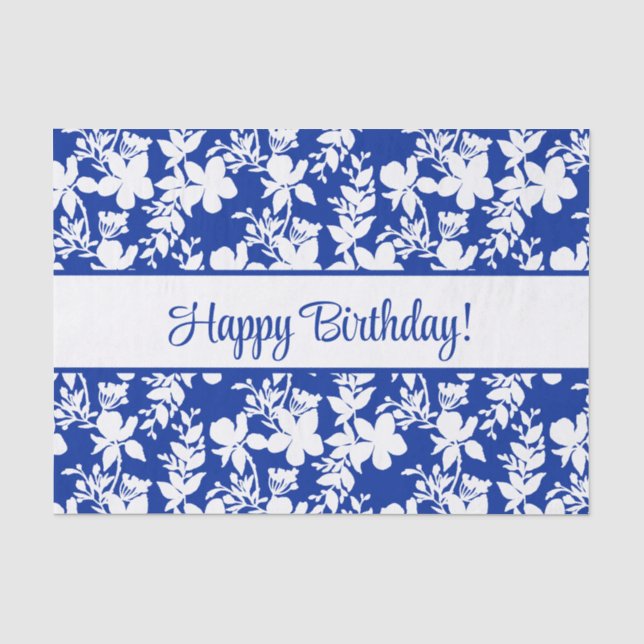 Happy Birthday White Floral on Blue Seidenpapier (Vorderseite)