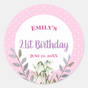 Happy Birthday White Snowdrops Pink Polka Dot Runder Aufkleber