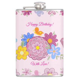 Happy Birthday Wild Blume Garden Birds Muster Flachmann
