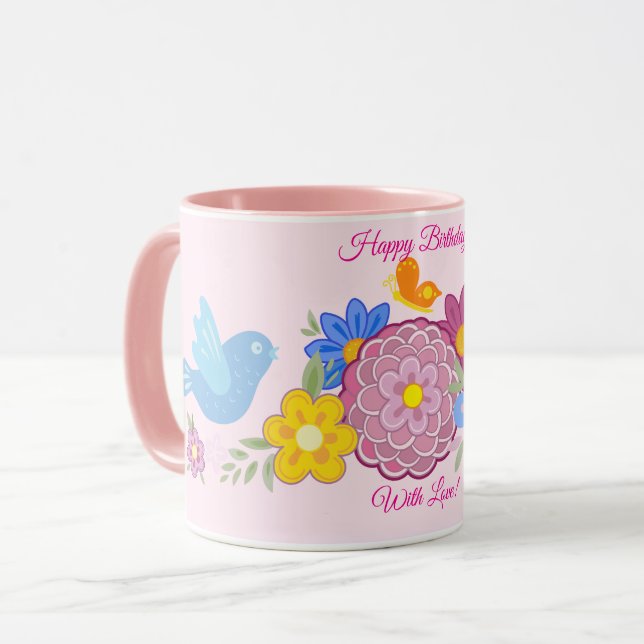 Happy Birthday Wild Blume Garden Birds Muster Tasse (Vorderseite Links)