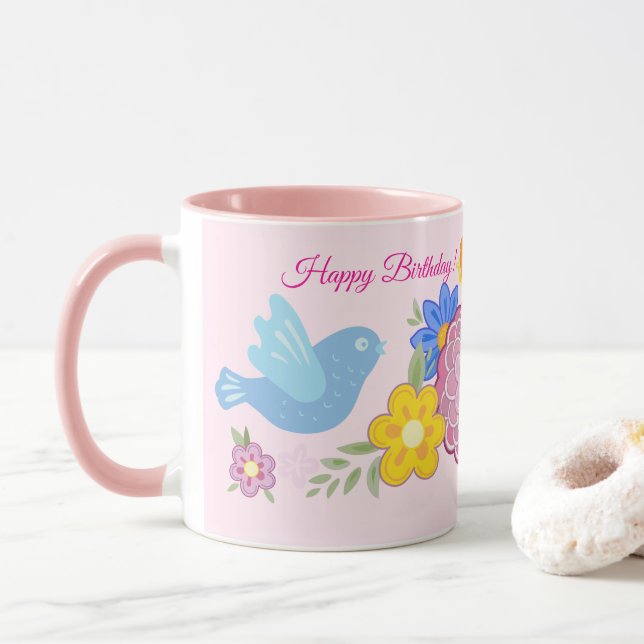 Happy Birthday Wild Blume Garden Birds Muster Tasse (Mit Donut)