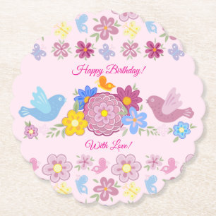 Happy Birthday Wild Blume Garden Birds Muster Untersetzer