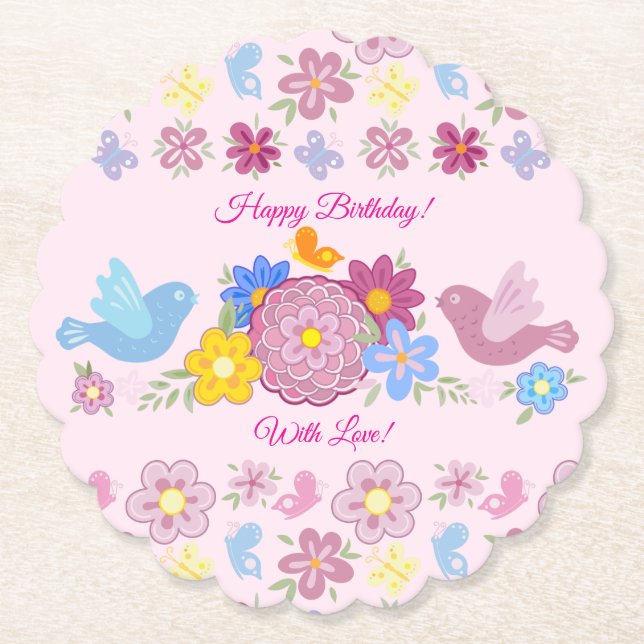 Happy Birthday Wild Blume Garden Birds Muster Untersetzer (Vorderseite)