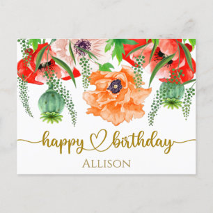 Happy Birthday Wild Blume Wasserfarbener Postkarte
