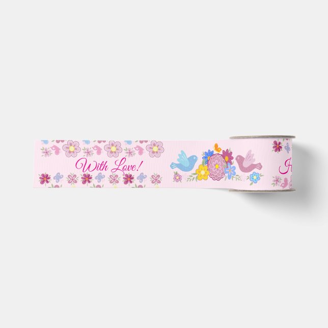 Happy Birthday Wild Flowers Garden Birds Pattern Ripsband (Vorderseite)