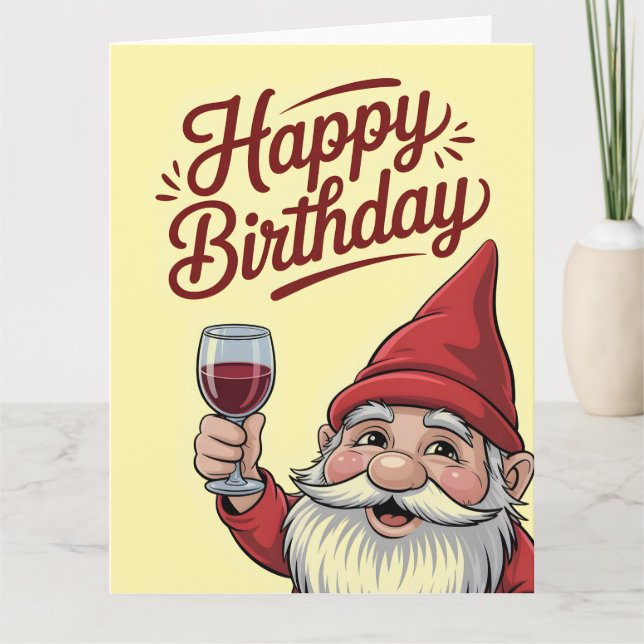 "Happy Birthday" Wine-Toasting Gnome Karte (Vorderseite)