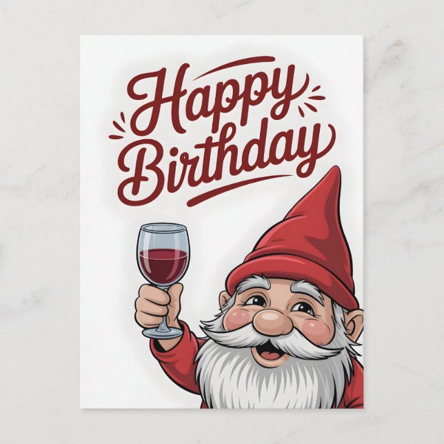 "Happy Birthday" Wine-Toasting Gnome Postkarte (Vorderseite)
