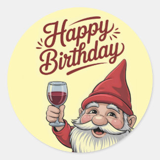 "Happy Birthday" Wine-Toasting Gnome Runder Aufkleber