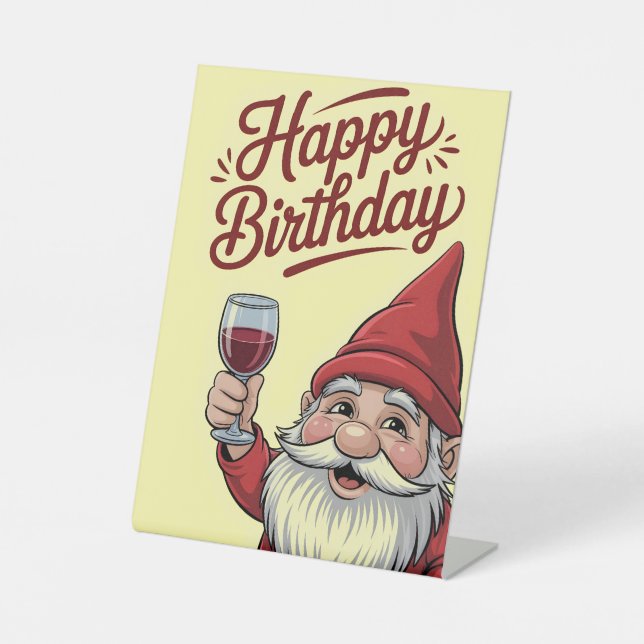"Happy Birthday" Wine-Toasting Gnome Sockelschild (Vorderseite)