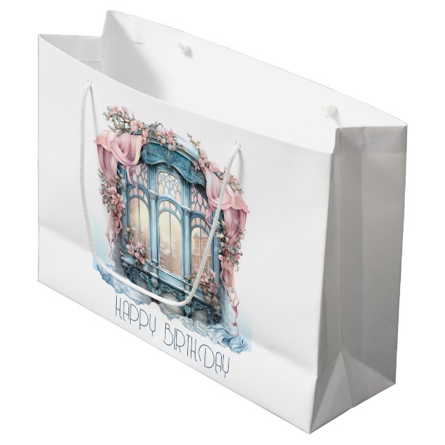  Happy Birthday Winter Blue Pink Victorian Window Große Geschenktüte (Vorderseite Schrägansicht)