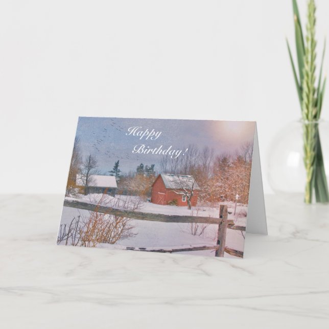 Happy Birthday Winter Farm Szene Karte (Vorderseite)