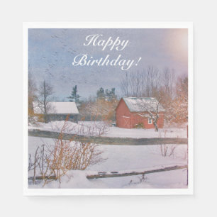 Happy Birthday Winter Farm Szene Serviette