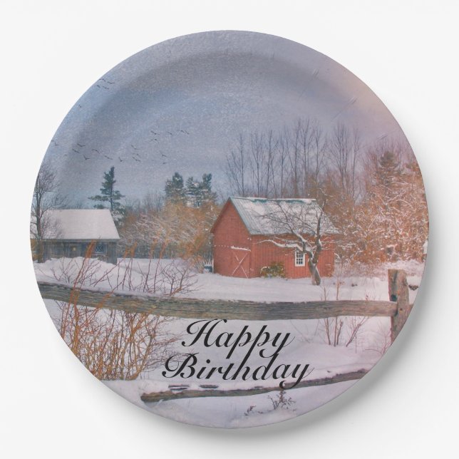 Happy Birthday Winter Scene Pappteller (Vorderseite)