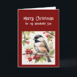 Happy Birthday Wonderful Son Chickadee Bird Feiertagskarte<br><div class="desc">Alles Gute zum Geburtstag Wunderbarer Sohn mit niedlichem Chickadevogel,  der Hüften der Rose frisst</div>