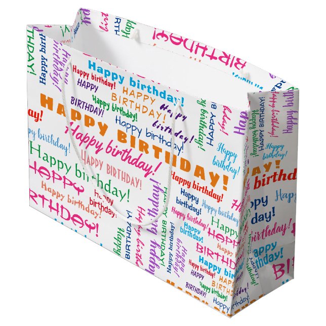Happy Birthday Word Cloud farbenfroher, strahlende Große Geschenktüte (Rückseite Schrägansicht)