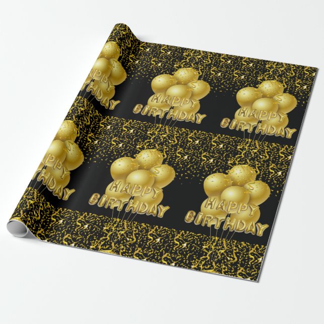 Happy Birthday Wrapping Black Gold Balloons Geschenkpapier (Ungerollt)
