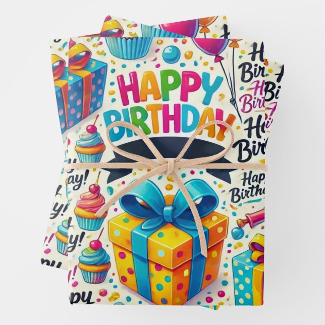 Happy Birthday Wrapping Paper Flat Sheet Set 3 Geschenkpapier Set (Beispiel)