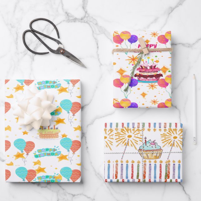 Happy Birthday Wrapping Paper Geschenkpapier Set (Vorderseite)