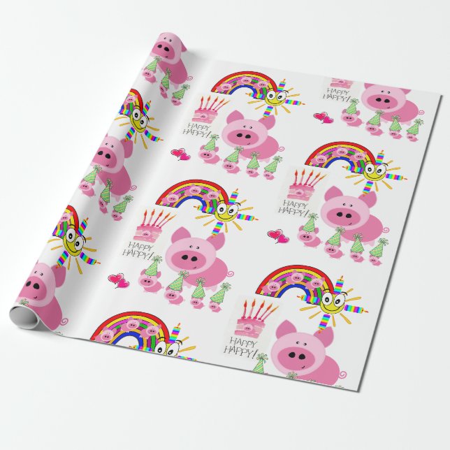 Happy Birthday Wrapping Paper Pink Pigs Geschenkpapier (Ungerollt)