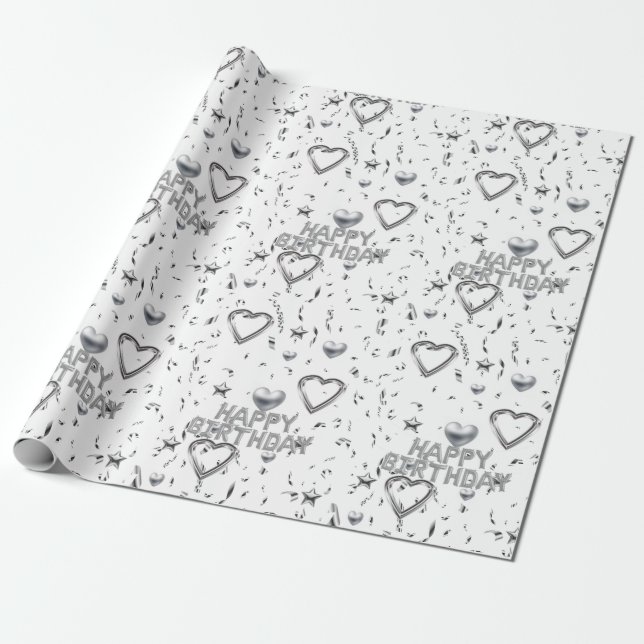 Happy Birthday Wrapping Paper Silver Hearts Geschenkpapier (Ungerollt)