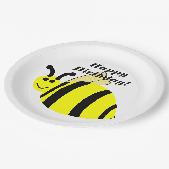 Happy Birthday Yellow Bumble Bee Pappteller (Schrägansicht)