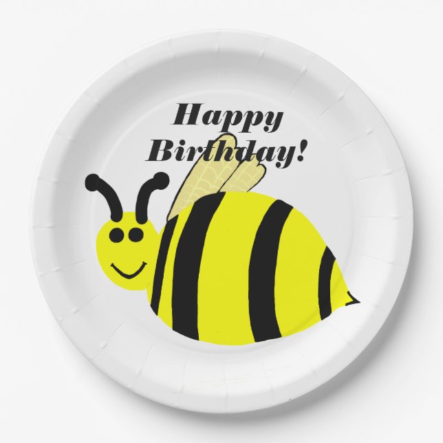 Happy Birthday Yellow Bumble Bee Pappteller (Vorderseite)