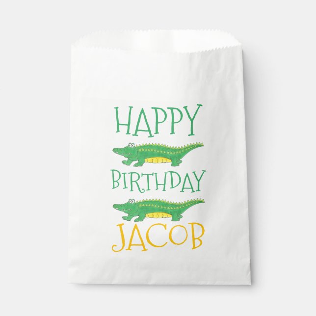 Happy Birthday Yellow Green Alligator Crocodile Geschenktütchen (Vorderseite)